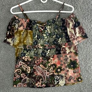 Daytrip Patchwork Floral Paisley Ruffle Top M Cold Shoulder Boho Festival